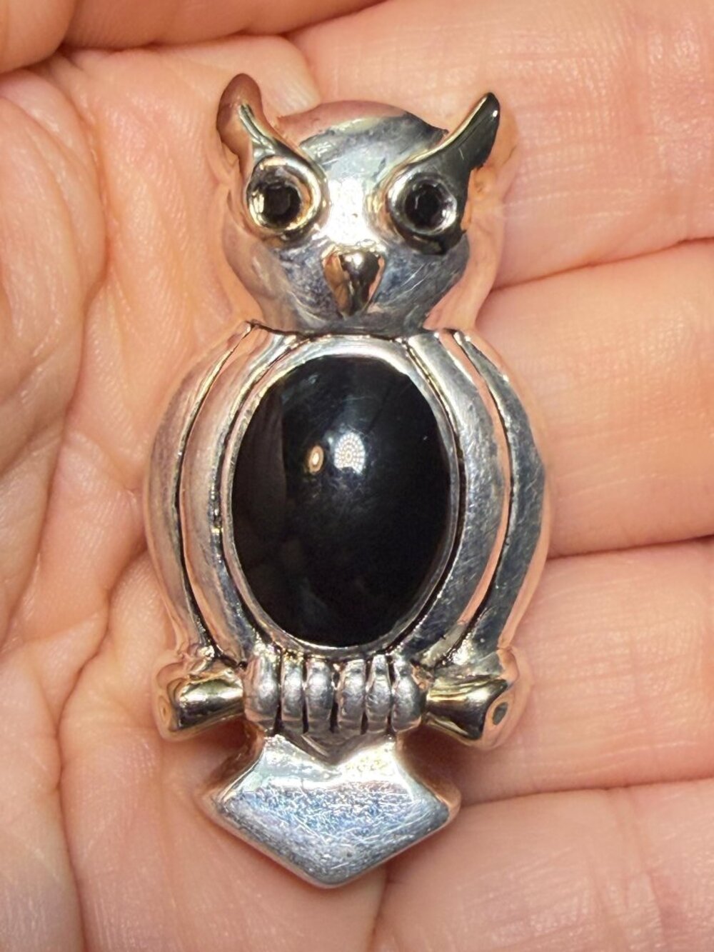 Vintage Owl Brooch Black Jelly Belly Silver Tone Perched Bird Pin 2”